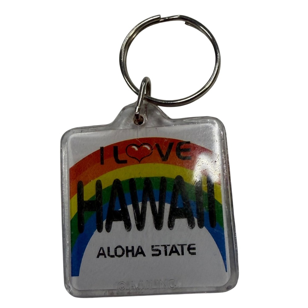 Vintage I Love Hawaii Aloha State Rainbow Acrylic Keychain